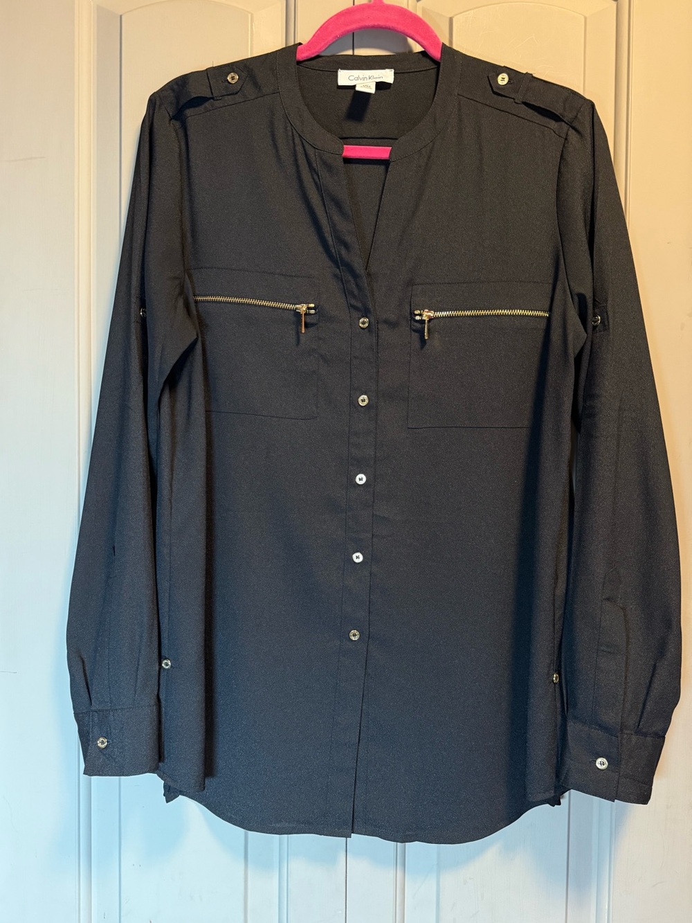 Calvin Klein Black Long-Sleeve Button-Front Shirt with Zip Pockets